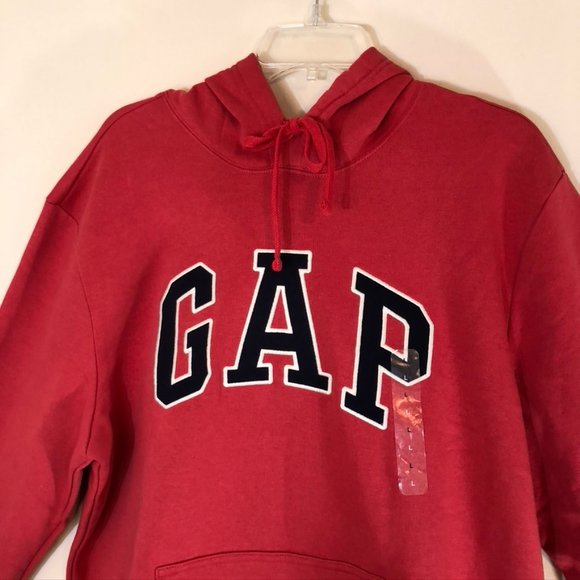 GAP Red Pullover Hoodie Navy Applique Drawstring Hood Kangaroo Pocket SZ L NWT - Picture 2 of 8